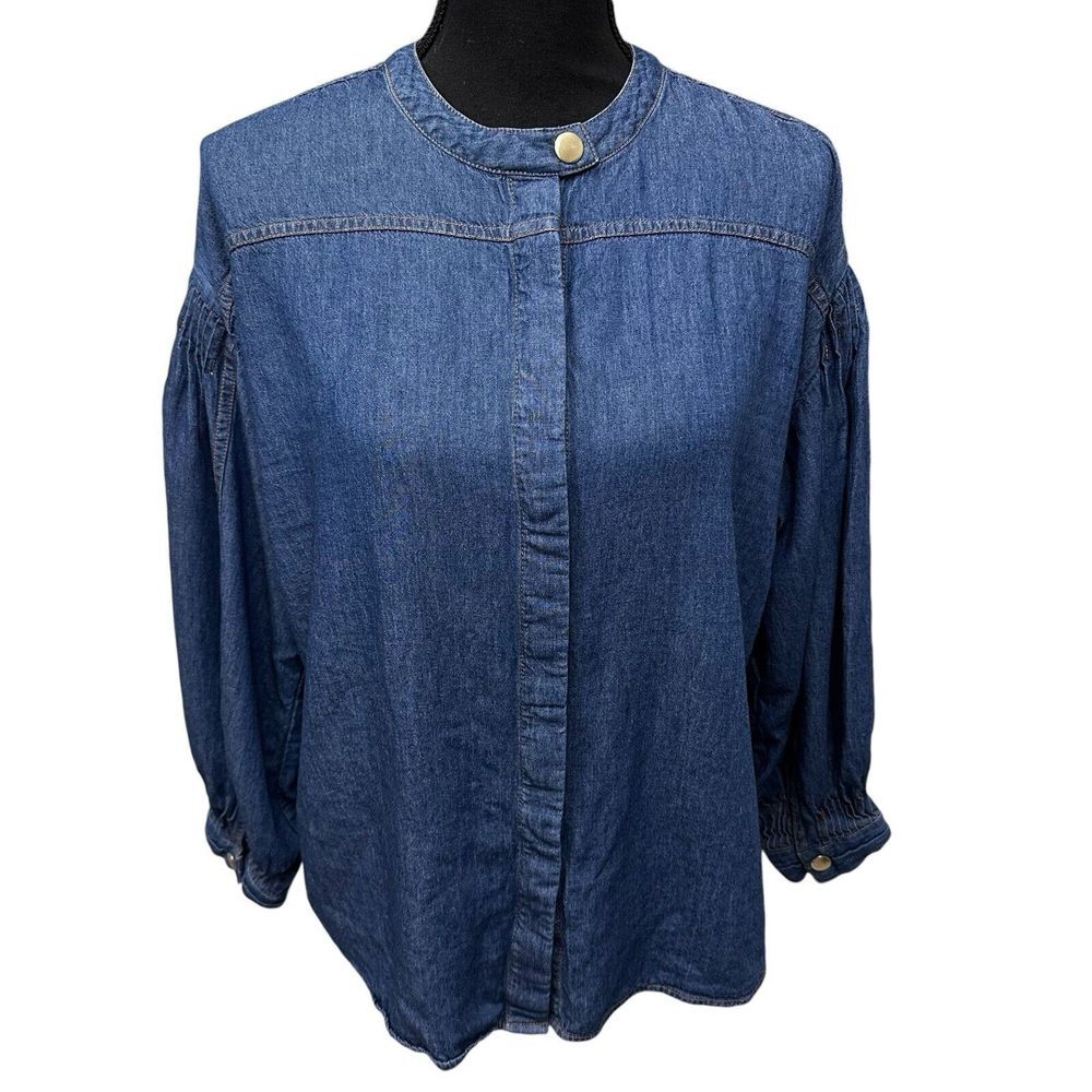 Soft Surroundings Denim Snap Front Shirt Size M Long Drop Shoulder Bubble Sleeve